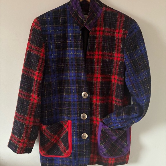 Simon Chang Vintage Multicolor Wool Plaid Blazer Big Buttons Size 6 - Picture 2 of 16